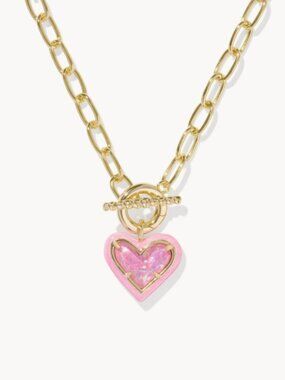Kendra Scott Ari Pink Heart Gold Enamel Frame Link and Chain Toggle Necklace